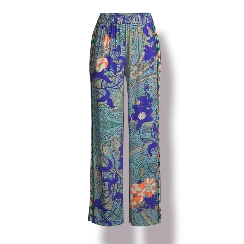Kobi Halperin Arlene Floral Paisley Blue Green Designer Wide Leg Artsy Pants, XL